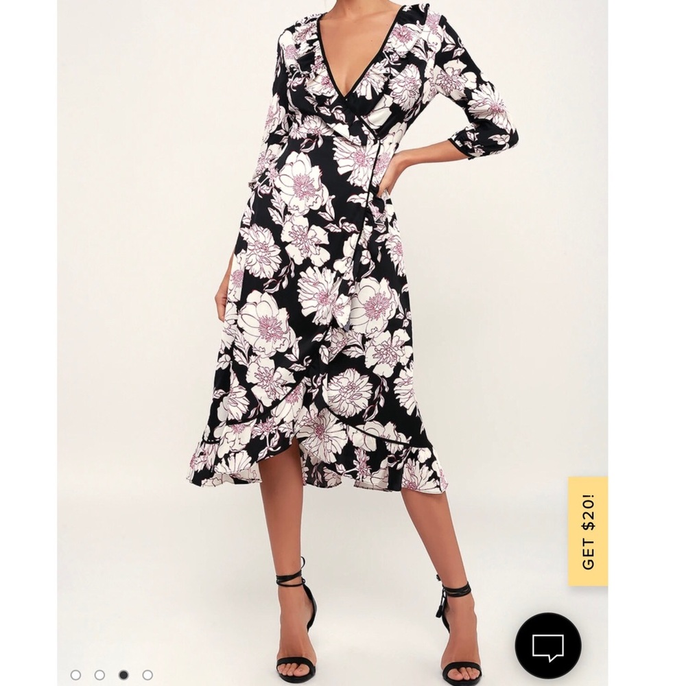 Black Floral Print Ruffled Wrap Midi Dress